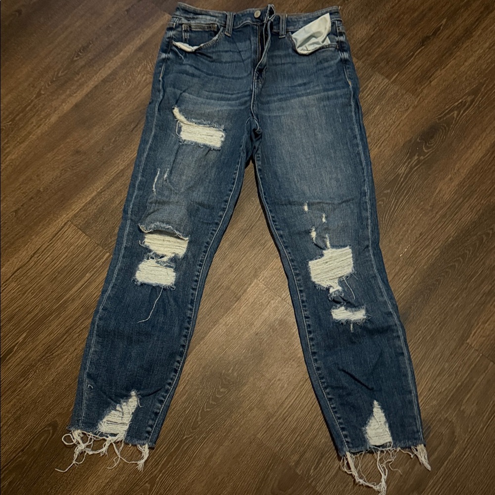 Willow & Root Ultra High Rise Mom Fit Distressed Blue Jeans